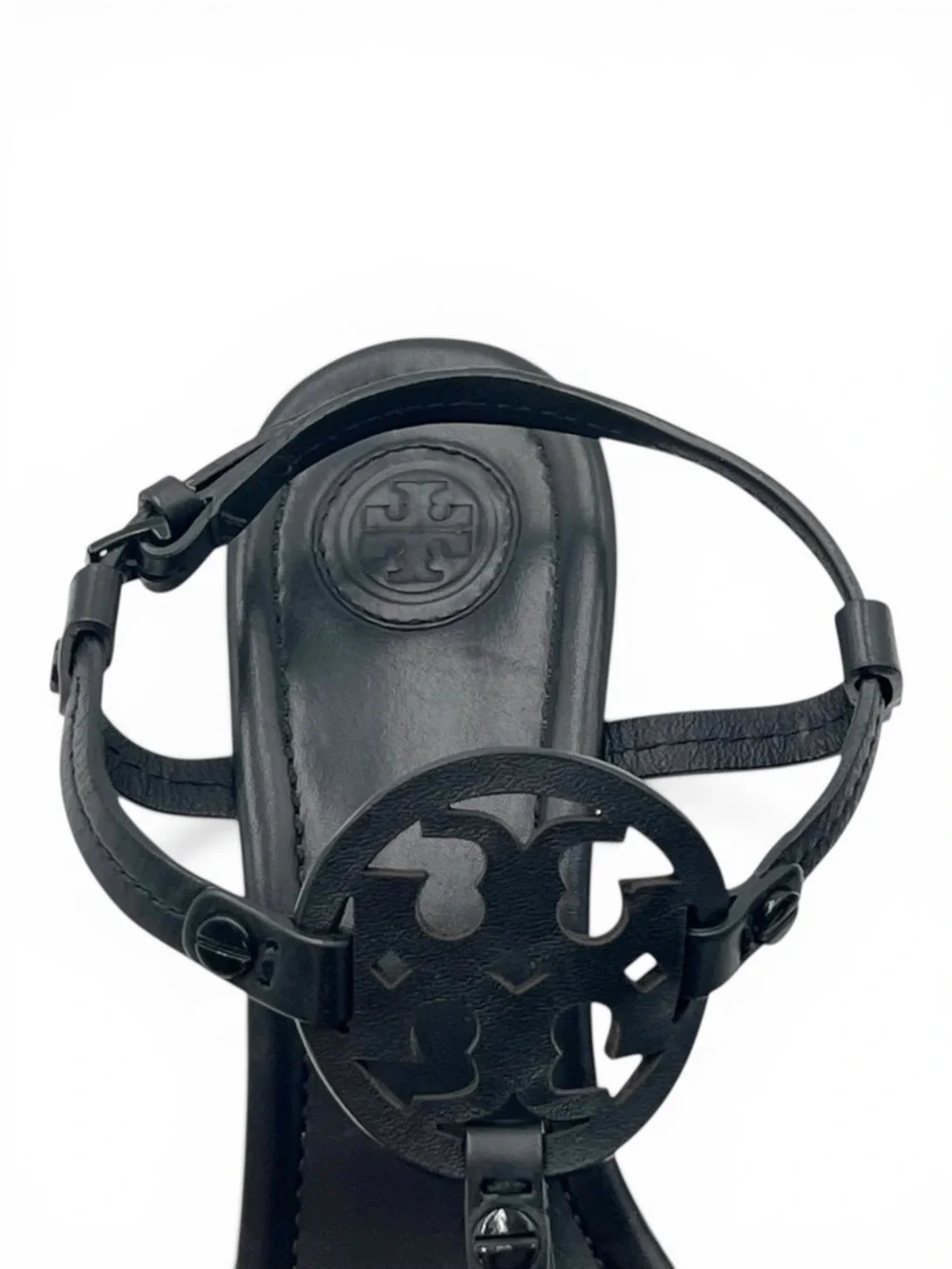 Tory Burch Miller Wedge Sandals Perfect Black Leather Logo T Strap Size 8
